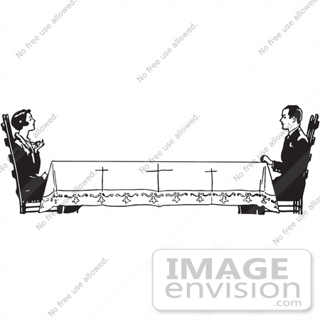 #61622 Clipart Of A Retro Housewife Across A Long Table From Her Husband In Black And White - Royalty Free Vector Illustration by JVPD