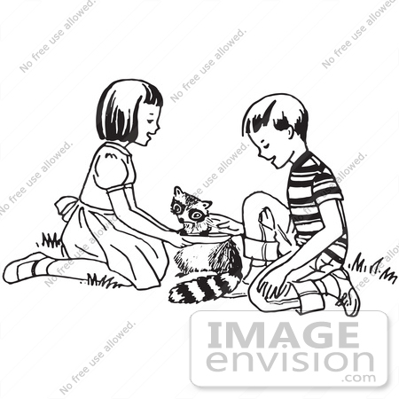#61623 Clipart Of Children Rescuing A Raccoon In Black And White - Royalty Free Vector Illustration by JVPD