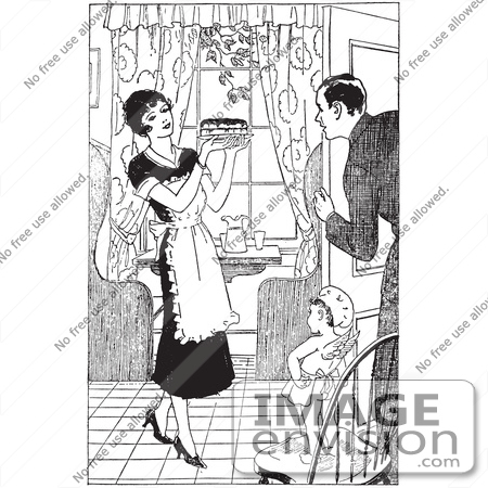 #61624 Clipart Of A Retro Cherub Chef Watching A Housewife Serve Her Husband Pie In Black And White - Royalty Free Vector Illustration by JVPD