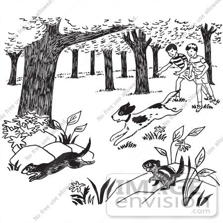 #61629 Clipart Of A Dog Chasing Weasels And Chipmunks And Children Watching Black And White - Royalty Free Vector Illustration by JVPD