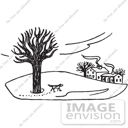 #61630 Clipart Of A Dog Exploring Property In The Winter In Black And White - Royalty Free Vector Illustration by JVPD