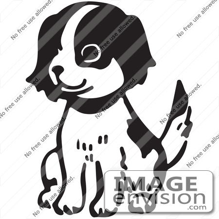 #61632 Clipart Of A Happy Sitting Puppy In Black And White - Royalty Free Vector Illustration by JVPD