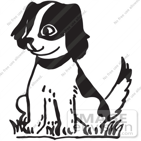 #61633 Clipart Of A Happy Puppy Sitting In Black And White - Royalty Free Vector Illustration by JVPD