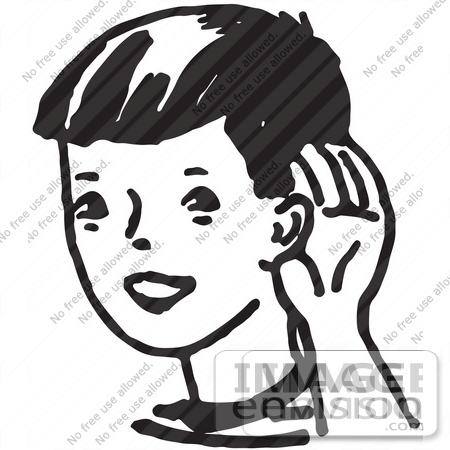 #61667 Clipart Of A Boy Cupping His Ear In Black And White - Royalty Free Vector Illustration by JVPD