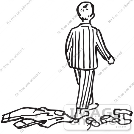 #61668 Clipart Of A Boy In Pjs Walking Over Clothes In Black And White - Royalty Free Vector Illustration by JVPD
