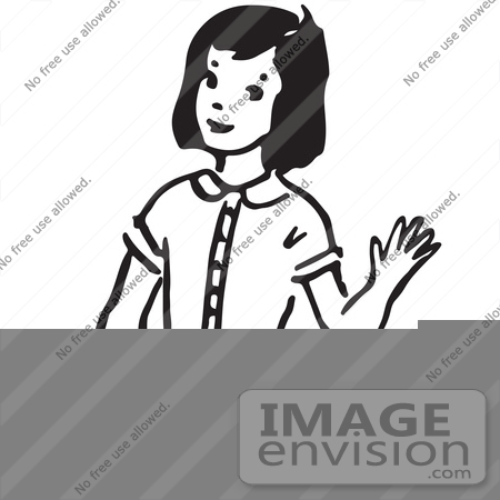 #61671 Clipart Of A Girl Waving In Black And White - Royalty Free Vector Illustration by JVPD