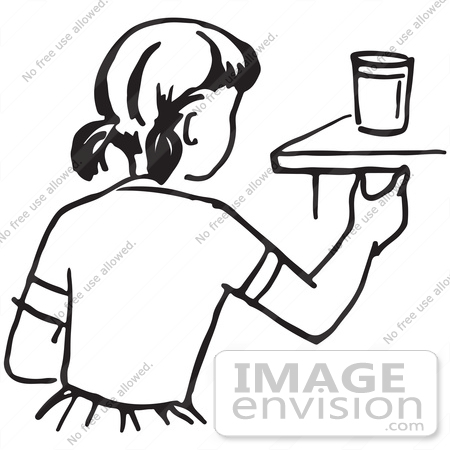 #61672 Clipart Of A Girl Reaching For A Cup In Black And White - Royalty Free Vector Illustration by JVPD
