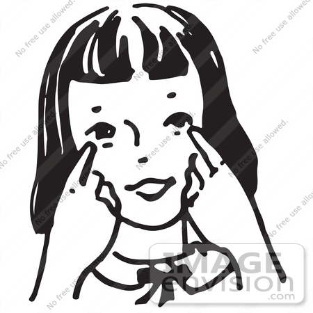 #61673 Clipart Of A Girl Pointing To Her Eyes In Black And White - Royalty Free Vector Illustration by JVPD