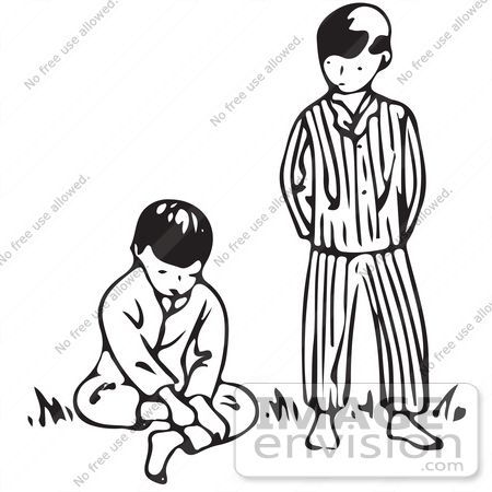 #61674 Clipart Of A Boy Standing Next To His Pouting Brother In Black And White - Royalty Free Vector Illustration by JVPD