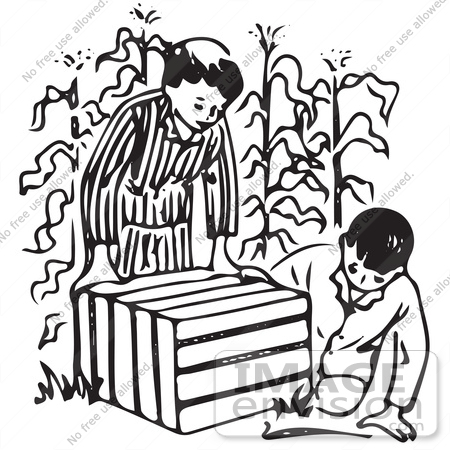 #61675 Clipart Of Boys Looking In An Animal Trap In A Corn Field In Black And White - Royalty Free Vector Illustration by JVPD