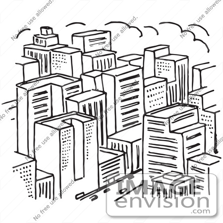 #61679 Clipart Of A City In Black And White - Royalty Free Vector Illustration by JVPD