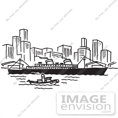 #61680 Clipart Of A Ship Near A City In Black And White - Royalty Free Vector Illustration by JVPD