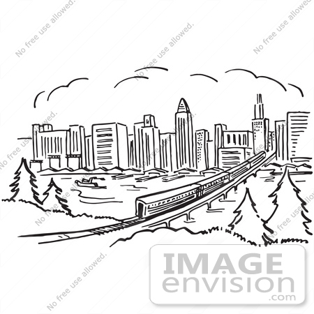 #61682 Clipart Of A Train Near A City In Black And White - Royalty Free Vector Illustration by JVPD