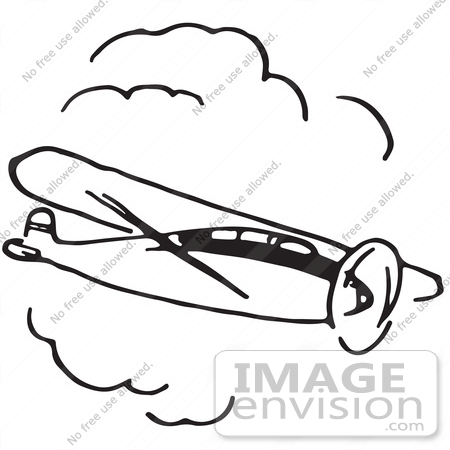 #61683 Clipart Of A Flying Airplane In Black And White 3 - Royalty Free Vector Illustration by JVPD
