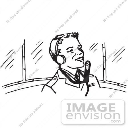 #61689 Clipart Of A Retro Happy Pilot In Black And White - Royalty Free Vector Illustration by JVPD