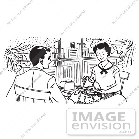 #61695 Clipart Of A Happy Retro Couple Dining In A City Restaurant In Black And White - Royalty Free Vector Illustration by JVPD