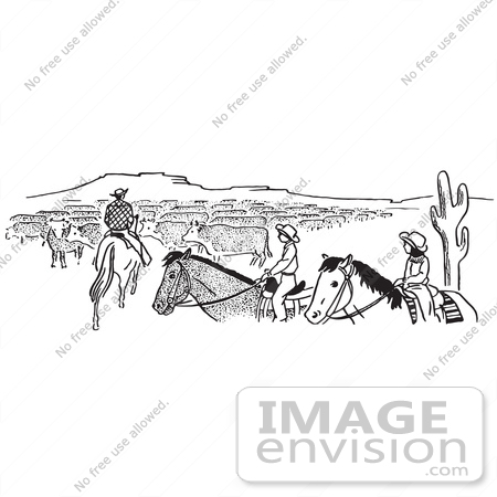 #61701 Clipart Of Cowboys And Cattle In Black And White - Royalty Free Vector Illustration by JVPD