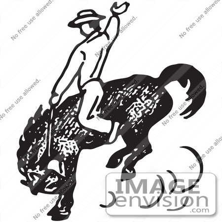 #61704 Clipart Of A Cowboy Riding And Training A Horse In Black And White - Royalty Free Vector Illustration by JVPD