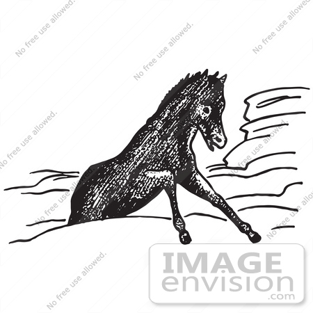 #61706 Clipart Of A Horse Stuck In Rocks In Black And White - Royalty Free Vector Illustration by JVPD