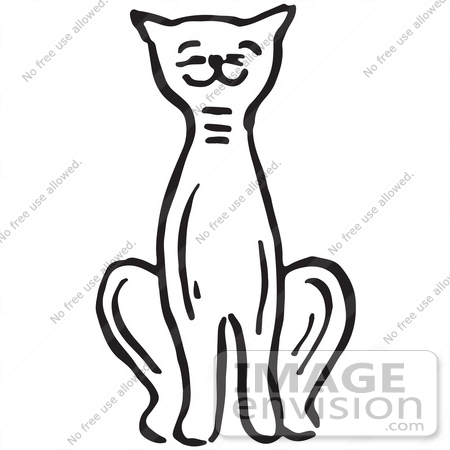 #61710 Clipart Of A Sitting Pleased Cat In Black And White - Royalty Free Vector Illustration by JVPD