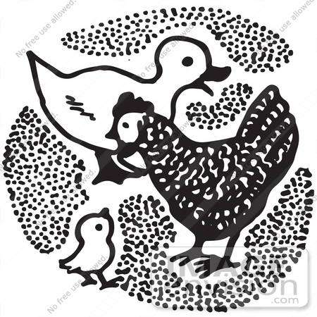 #61713 Clipart Of A Duck And Chickens In Black And White - Royalty Free Vector Illustration by JVPD