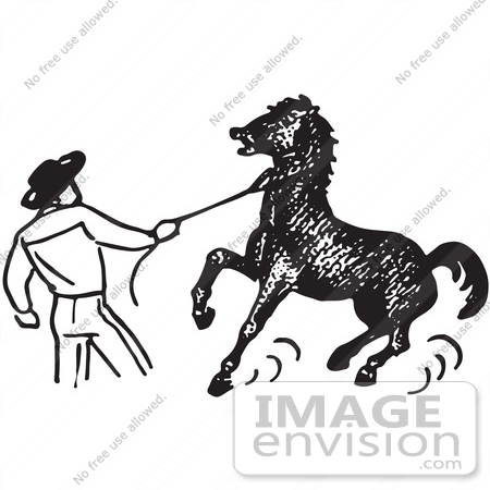 #61714 Clipart Of A Cowboy Training A Horse In Black And White - Royalty Free Vector Illustration by JVPD