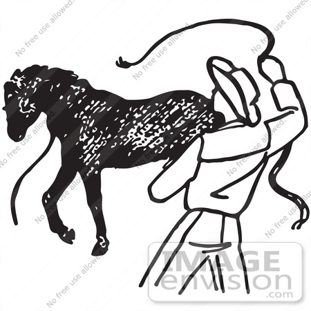 #61717 Clipart Of A Cowboy Training A Horse In Black And White 2 - Royalty Free Vector Illustration by JVPD