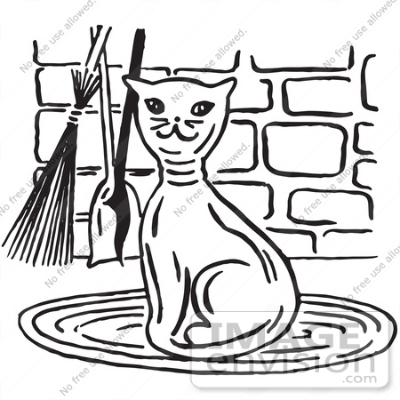 #61722 Clipart Of A Happy Cat By Fireplace Tools In Black And White - Royalty Free Vector Illustration by JVPD