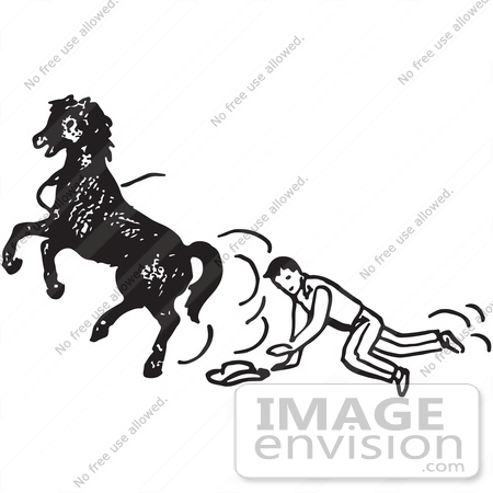 #61723 Clipart Of A Cowboy Being Bucked Off A Horse In Black And White - Royalty Free Vector Illustration by JVPD