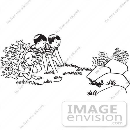 #61724 Clipart Of Children Watching A Chipmunk In Black And White - Royalty Free Vector Illustration by JVPD