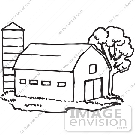 #61727 Clipart Of A Barn And Silo In Black And White - Royalty Free Vector Illustration by JVPD