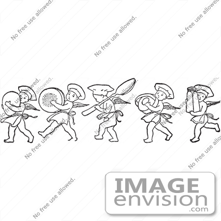 #61736 Clipart Of Retro Chef Cherubs Marching With Kitchen Items In Black And White - Royalty Free Vector Illustration by JVPD