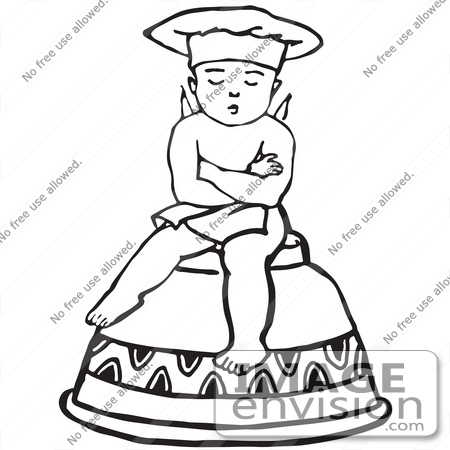 #61739 Clipart Of A Retro Cherub Chef Sitting On An Upside Down Cup In Black And White - Royalty Free Vector Illustration by JVPD
