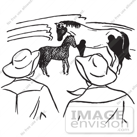 #61740 Clipart Of ranchers watching a foal and horse In Black And White - Royalty Free Vector Illustration by JVPD