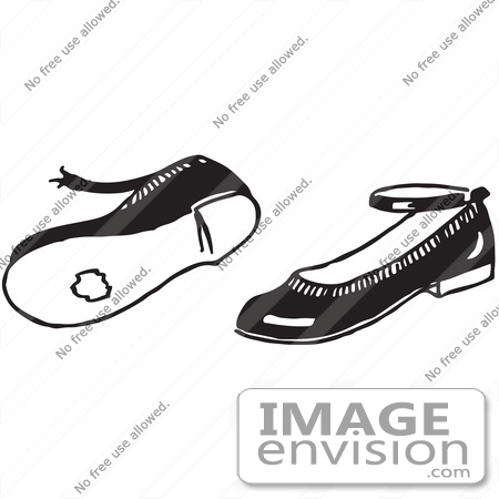 #61753 Clipart Of A Pair Of Worn Girl Shoes In Black And White - Royalty Free Vector Illustration by JVPD