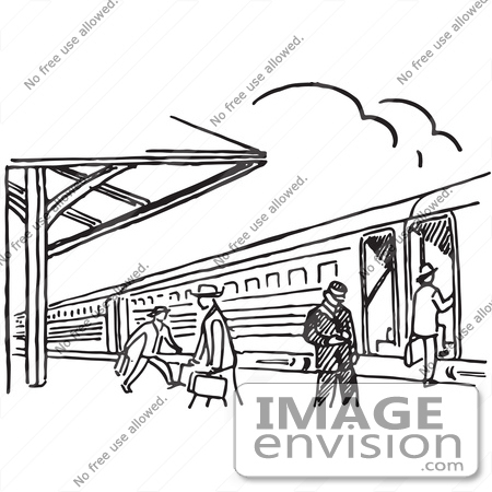 #61760 Clipart Of A Train Station In Black And White - Royalty Free Vector Illustration by JVPD