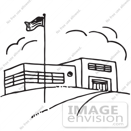 #61769 Clipart Of A Flag And School Building In Black And White - Royalty Free Vector Illustration by JVPD