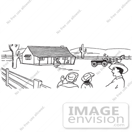 #61782 Clipart Of Ranchers Talking On A Farm In Black And White - Royalty Free Vector Illustration by JVPD