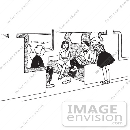 #61783 Clipart Of Children Reading On A Train In Black And White - Royalty Free Vector Illustration by JVPD