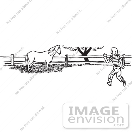 #61784 Clipart Of A Girl Taking An Apple To A Horse In Black And White - Royalty Free Vector Illustration by JVPD