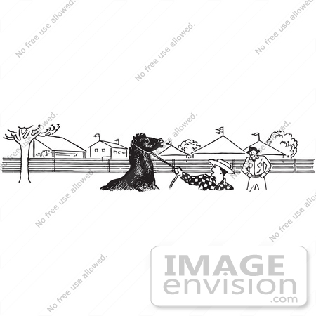 #61785 Clipart Of A Horse And Cowboys At The Fairgrounds In Black And White - Royalty Free Vector Illustration by JVPD