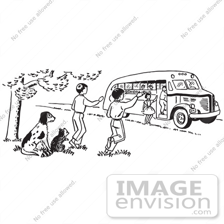 #61788 Clipart Of A Raccoon And Dog Watching Children Board A School Bus In Black And White - Royalty Free Vector Illustration by JVPD