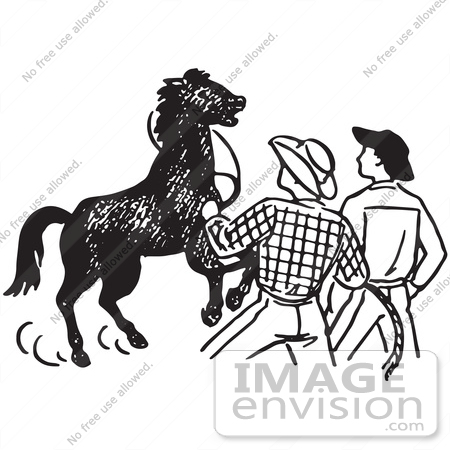 #61790 Clipart Of Cowboys Training A Horse In Black And White - Royalty Free Vector Illustration by JVPD