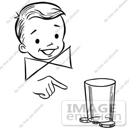 #61800 Clipart Of A Happy Retro Boy Performing A Moving Coin And Cup Magic Trick, In Black And White - Royalty Free Vector Illustration by JVPD