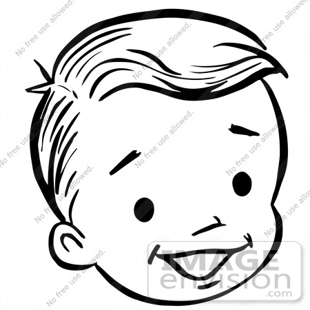 #61801 Clipart Of A Happy Retro Boy Face In Black And White - Royalty Free Vector Illustration by JVPD