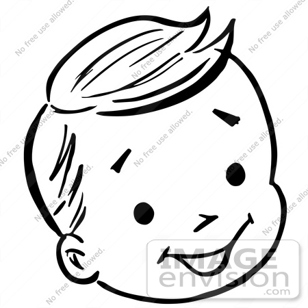 #61802 Clipart Of A Happy Retro Boy Face In Black And White - Royalty Free Vector Illustration by JVPD