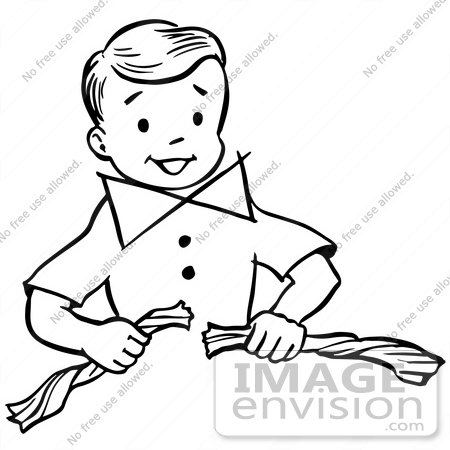 #61803 Clipart Of A Happy Retro Boy Performing A Super Man Napkin Breaking Magic Trick, In Black And White - Royalty Free Vector Illustration by JVPD