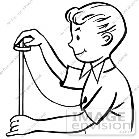 #61807 Clipart Of A Happy Retro Magician Boy Performing A Rising Ring Trick, In Black And White - Royalty Free Vector Illustration by JVPD