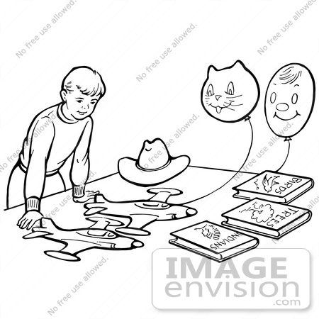#61813 Clipart Of A Retro Boy Playing With Planes Books And Balloons In Black And White - Royalty Free Vector Illustration by JVPD