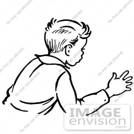 #61814 Clipart Of A Retro Boy Trying To Stop An Action In Black And White - Royalty Free Vector Illustration by JVPD